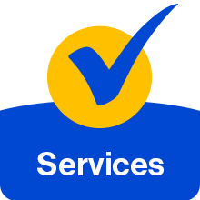 Blue checkmark inside yellow circle. The label reads: Services